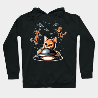 Cats feast on UFO's funny graphic -shirt of cats jumping high to catch UFos and eat them, for lovers of cats and Sci Fi Hoodie